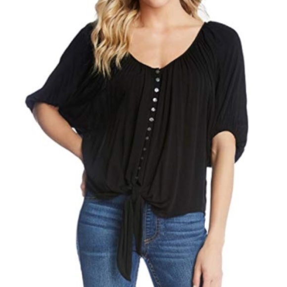 Karen Kane | Black Button Up Front Tie Blouse with Lantern Sleeves | Sz M - Picture 1 of 6